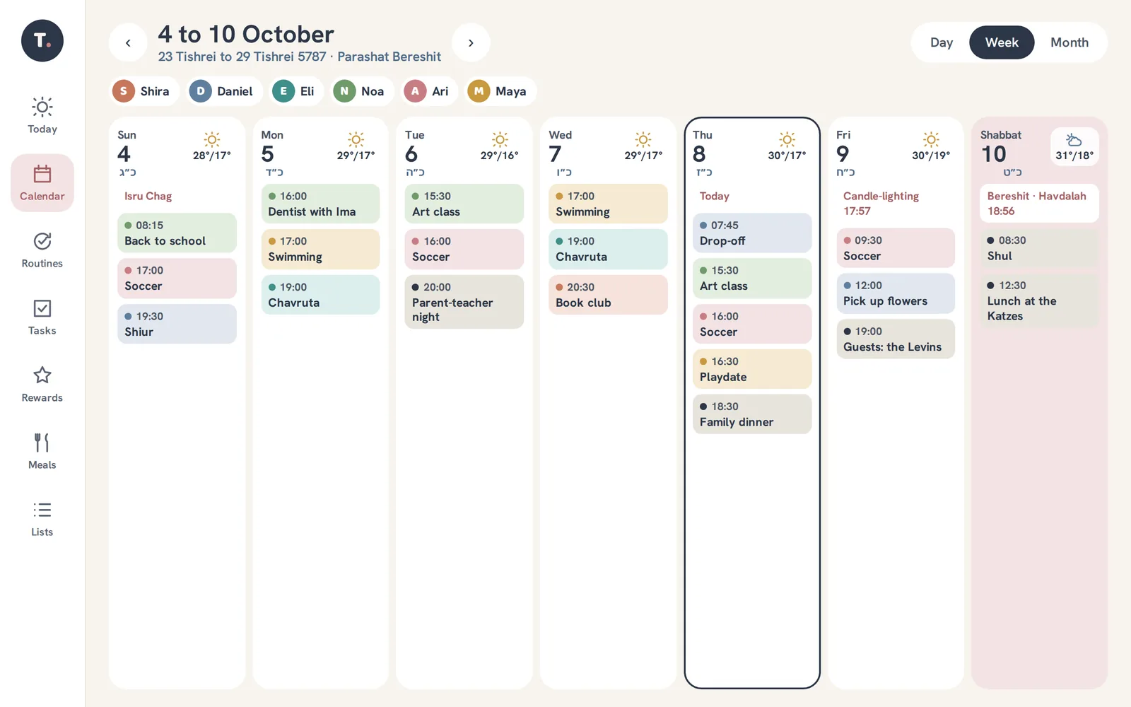The Tachlis. family calendar for the week: Friday shows candle-lighting at 17:57, soccer, picking up flowers and Shabbat guests. Shabbat shows Bereshit, havdalah at 18:56, shul and lunch with friends.