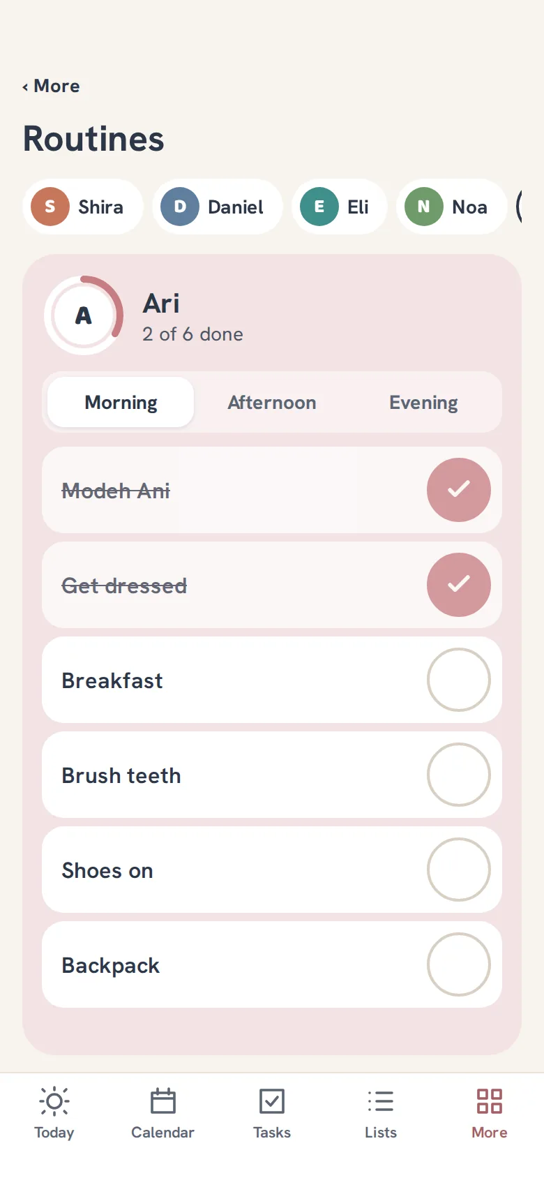 The Tachlis. Routines screen: a child's morning routine, two of six steps done