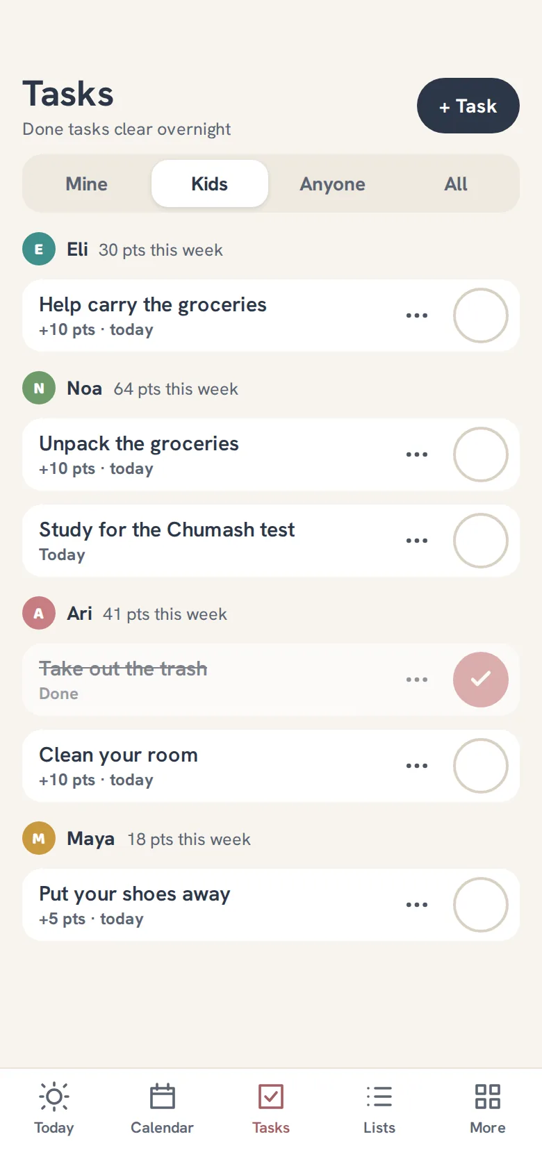 The Tachlis. Tasks screen: each child's jobs with points, one already checked off